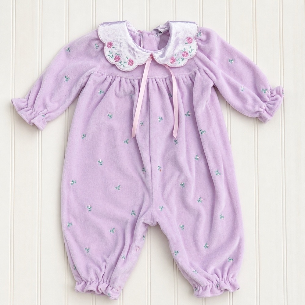 Vintage Embroidered Lavender Velour Floral Embroidered Baby Romper 6-9 Pink